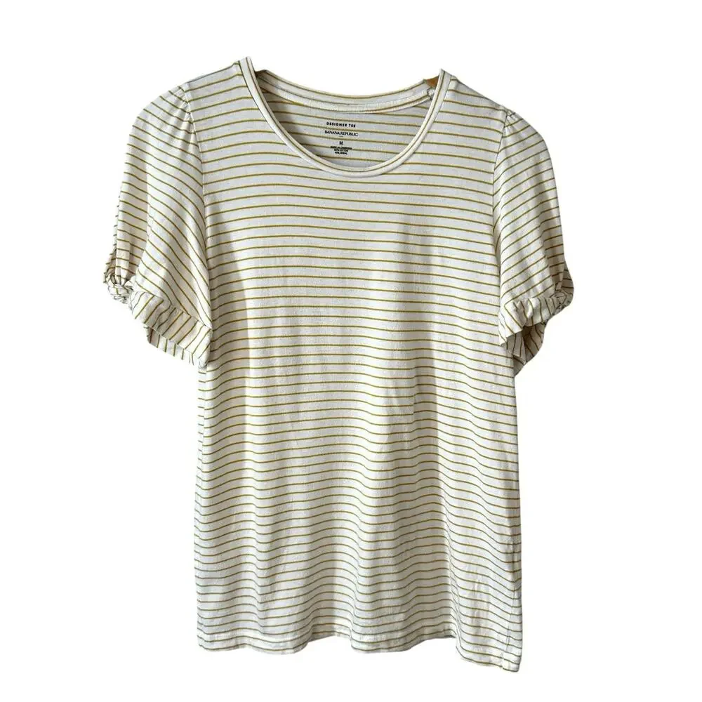 BANANA REPUBLIC Designer Tee Striped Puff Blouse Top Modal Blend Butter Yellow M
